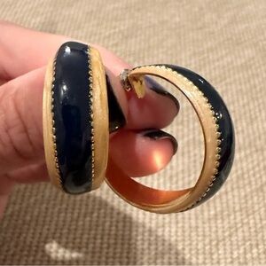 Vintage Gold Tone Enamel Tan & Black Hoop Earrings 80s 90s